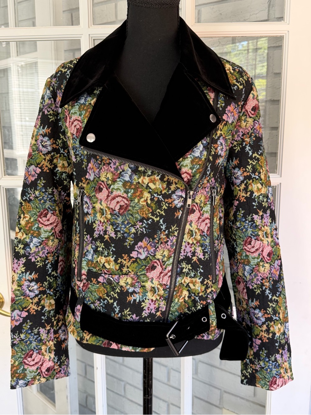 Anna Cai Biker Jacket Zipper L Women’s Floral Black/Velvet  Pockets Belt